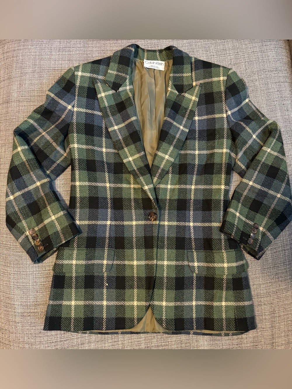 Calvin Klein Plaid Blazer in Green, Black, and Beige